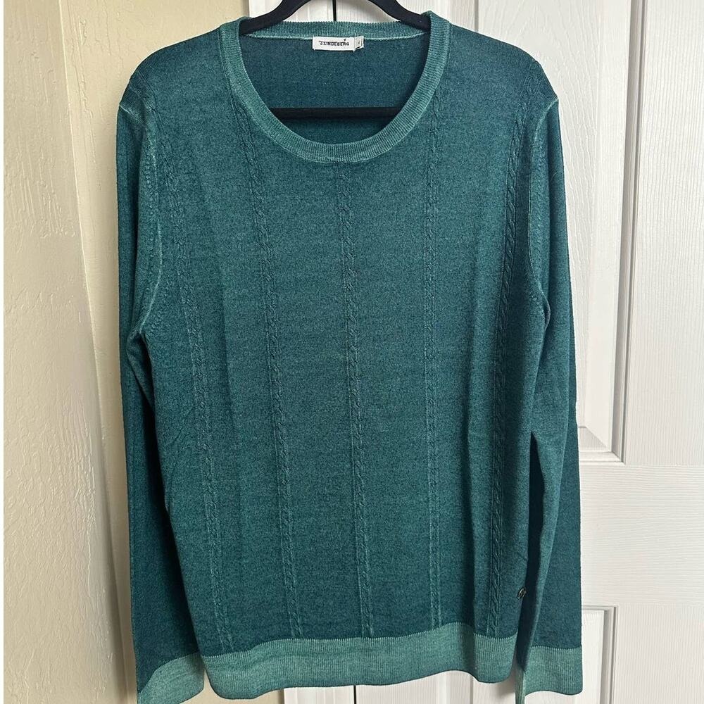 J.Lindeberg Coleman Washed Braid Merino‎ Wool Sweater XL Green